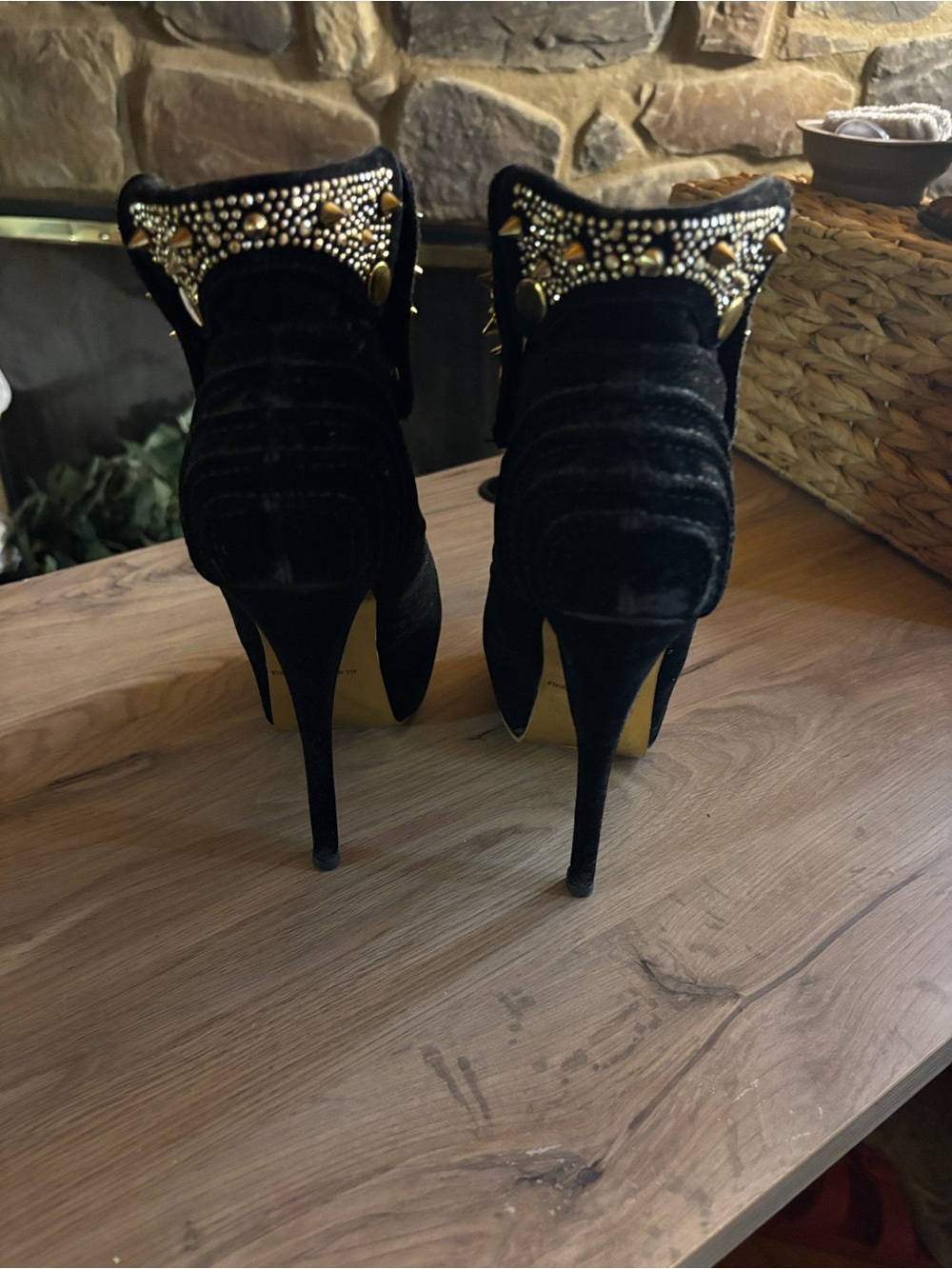Alba Black Velvet Studded Platform Ankle Boots with Gold Accents - Picture 7 of 7